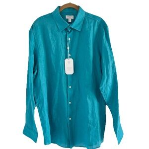 Club Room Luxury 100% Linen Button Down Shirt Large Teal Preppy Resort Wear NWT
